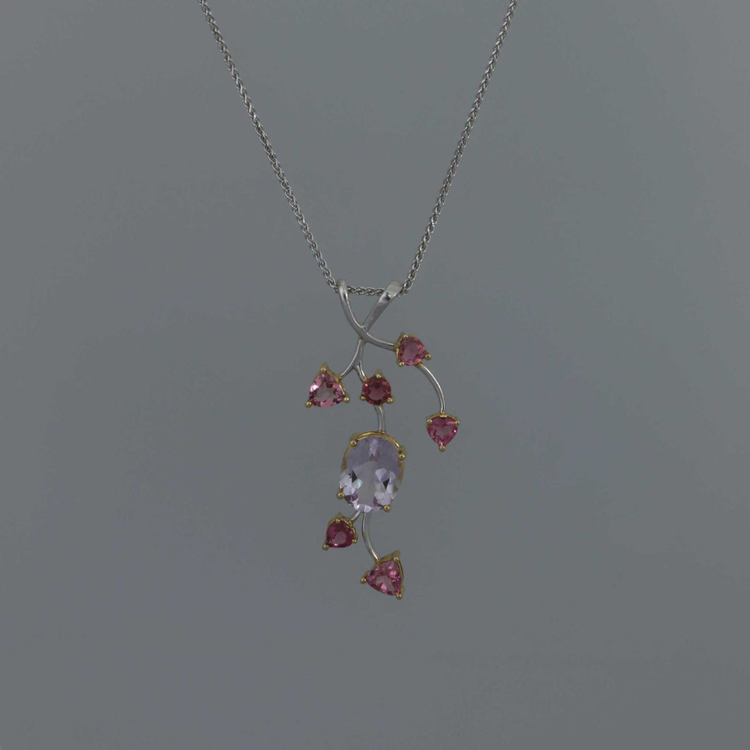 Kunzite and Pink Sapphire Branch Necklace in White Gold