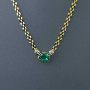 Bezel Set Zambian Emerald and Diamond Chain Necklace