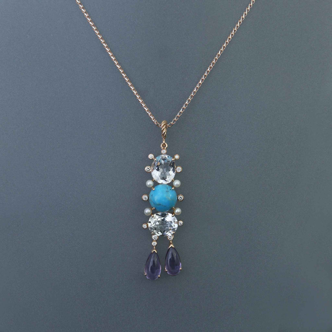 Persian Turquoise, White Topaz and Amethyst Drop Pendant