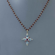 Load image into Gallery viewer, Ruby and Topaz Cross Pendant on Ruby Rosary Chain
