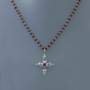Ruby and Topaz Cross Pendant on Ruby Rosary Chain