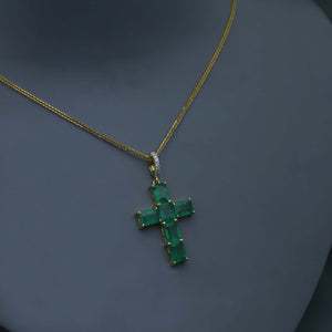 Zambian Emerald Cross Pendant in Yellow Gold