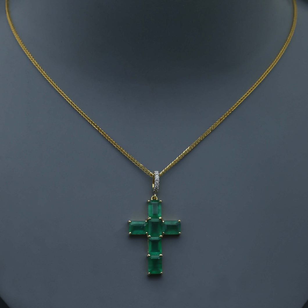 Zambian Emerald Cross Pendant in Yellow Gold