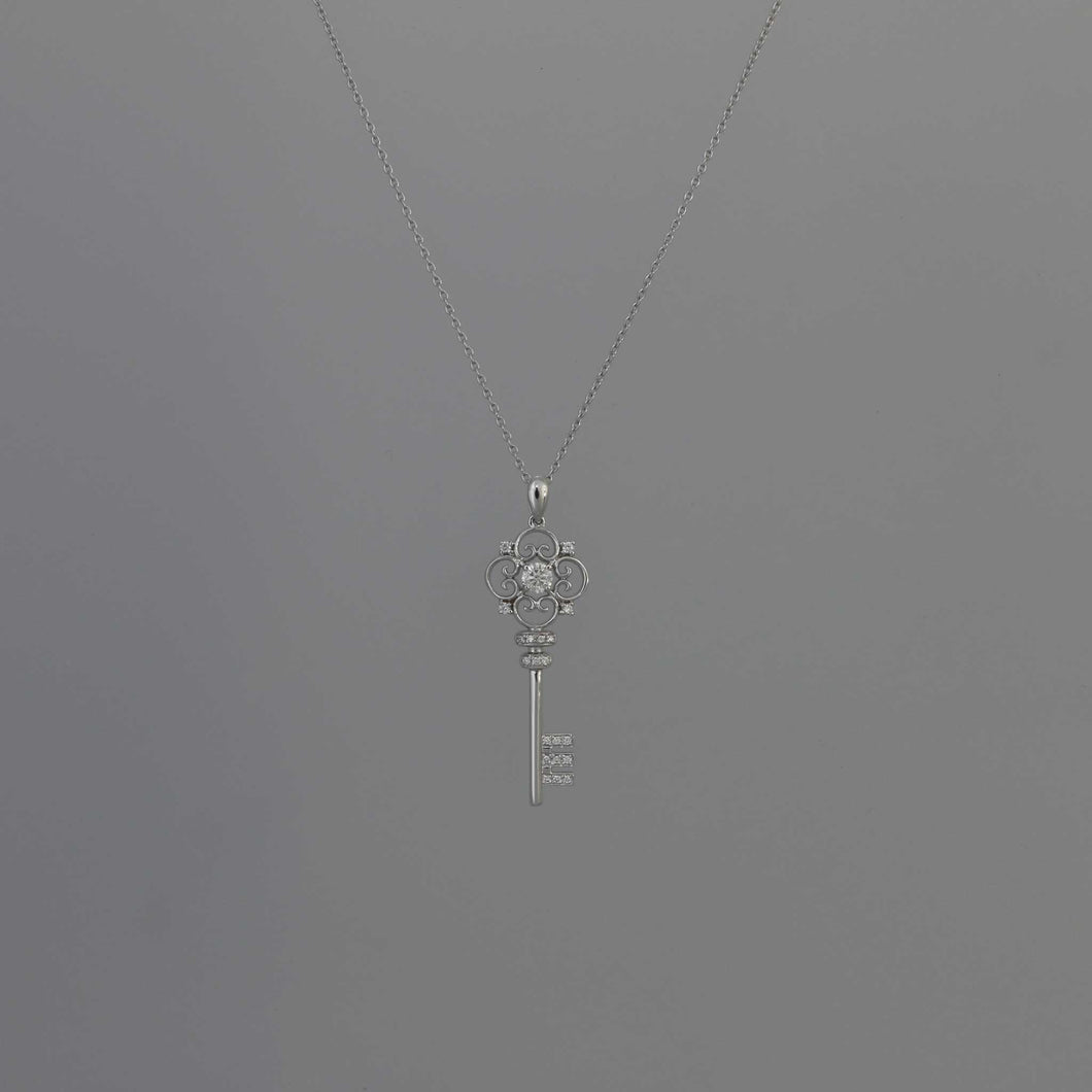 Diamond Solitaire Scalloped Key Pendant in White Gold