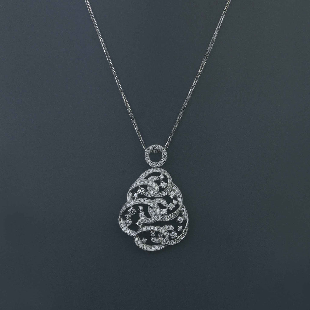 Diamond Deco Pave Ribbon Pendant in White Gold