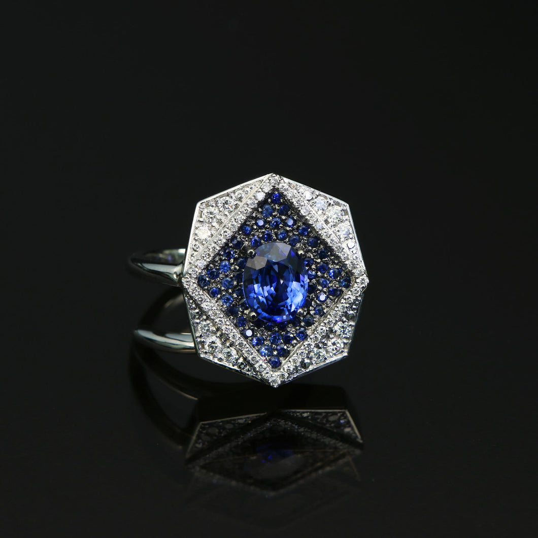 Octagon Blue Sapphire and Diamond Pave Ring