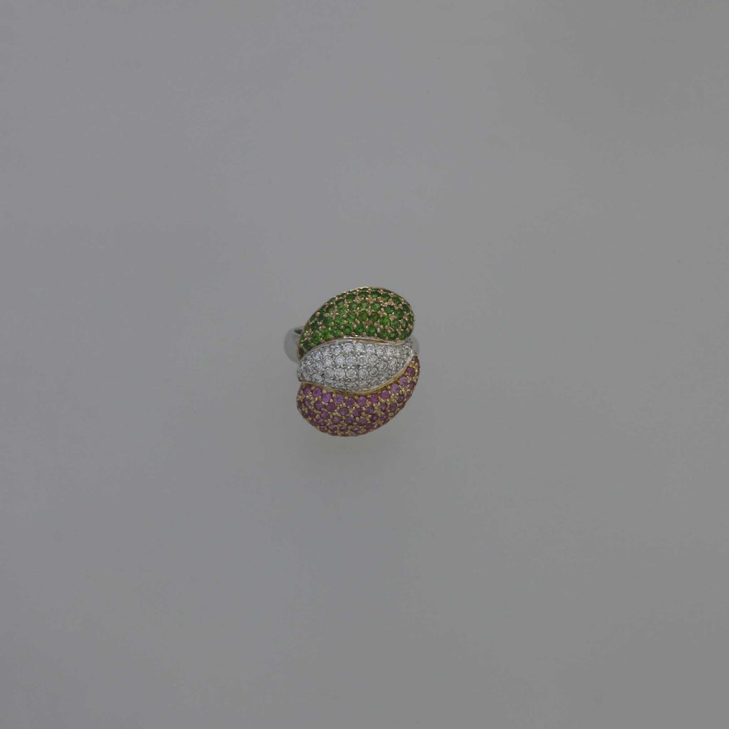 Three Layer Pave Ring in Chrome Diopside, Pink Sapphire and Diamonds
