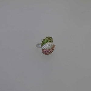 Three Layer Pave Ring in Chrome Diopside, Pink Sapphire and Diamonds