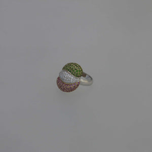 Three Layer Pave Ring in Chrome Diopside, Pink Sapphire and Diamonds