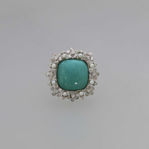 Natural Persian Turquoise Cabochon and Flower Cutout Frame Ring in White Gold