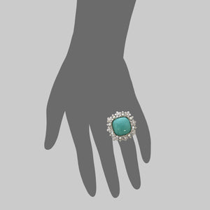 Natural Persian Turquoise Cabochon and Flower Cutout Frame Ring in White Gold