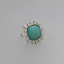 Load image into Gallery viewer, Natural Persian Turquoise Cabochon and Flower Cutout Frame Ring in White Gold
