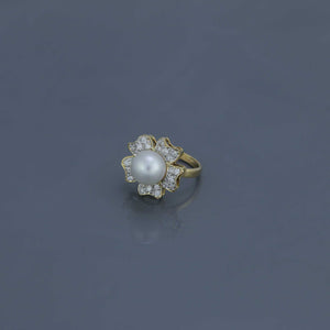 South Sea Pearl Diamond Pavé Flower Ring in Yellow Gold